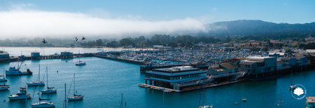 Aerial View of Monterey Marina with Sailboats and Foggy Hillsの写真素材
