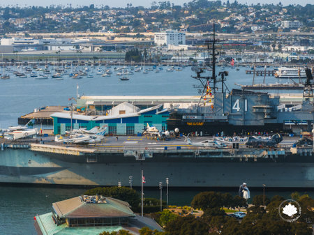 Aerial View of USS Midway Museum and San Diego Cityscapeの写真素材