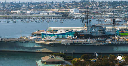 Aerial View of USS Midway Museum and San Diego Cityscapeの写真素材
