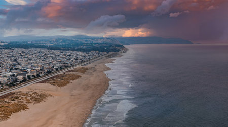 Aerial View of Ocean Beach and Sunset District in San Franciscoの写真素材