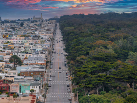 Aerial View of San Francisco Road with Residential Area and Parkの写真素材