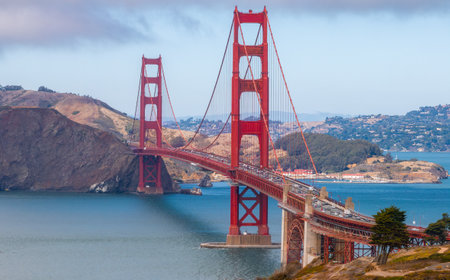 Golden Gate Bridge with Marin Headlands in San Francisco Bayの写真素材