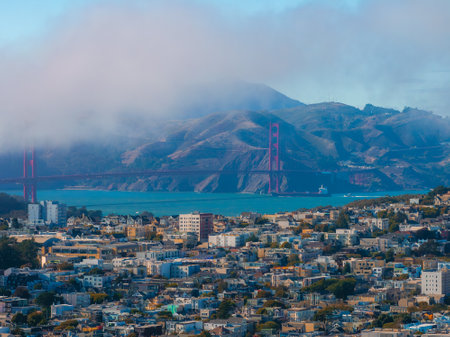 Aerial View of Golden Gate Bridge and San Francisco Cityscapeの写真素材