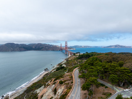 Aerial View of Golden Gate Bridge and Marin County Hillsの写真素材