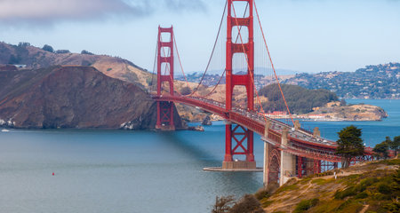 Golden Gate Bridge Spanning San Francisco Bay on a Clear Dayの写真素材