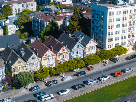 Painted Ladies and Modern Skyline in San Francisco, Californiaの写真素材