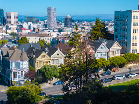 Painted Ladies and San Francisco Skyline with Victorian Houses