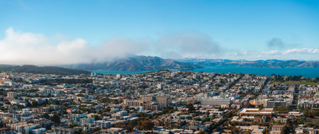 Aerial View of San Francisco with Golden Gate Bridge in Fogの写真素材