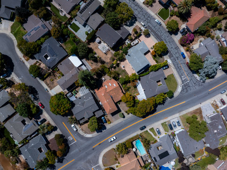 Aerial View of Suburban Neighborhood in Mountain View, Californiaの写真素材