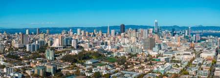 Aerial View of San Francisco Skyline with Iconic Landmarksの写真素材
