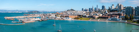 Aerial View of San Francisco Skyline with Bay Bridge and Landmarksの写真素材