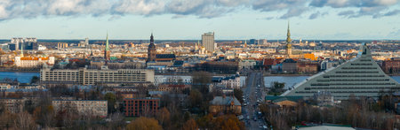 Aerial View of Riga Skyline Featuring National Library and Daugava River