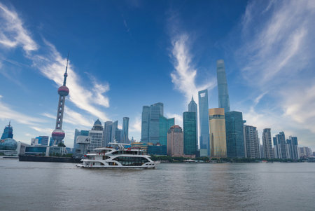 Shanghai Skyline with the Bund and Oriental Pearl Towerの写真素材