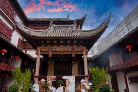 Traditional Chinese Architecture with Red Lanterns in Shanghaiの写真素材