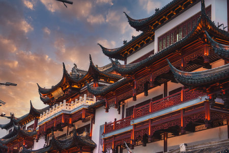 Traditional Chinese Architecture in Shanghais Old Town at Duskの写真素材