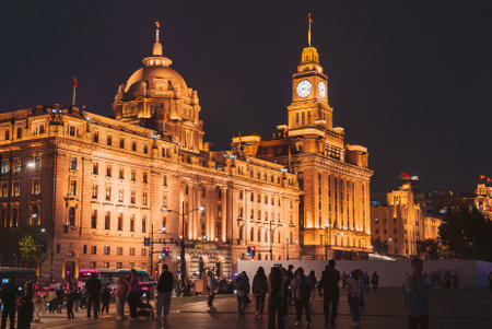 Night View of The Bund in Shanghai with Illuminated Customs House