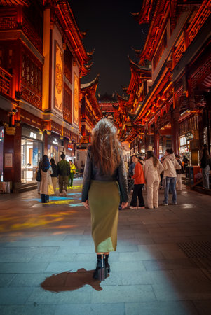 Night Scene in Shanghais Old Town with Traditional Architectureの写真素材