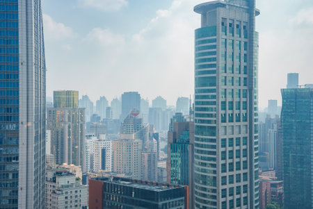 Shanghai Cityscape with Skyscrapers and Cylindrical Buildingの写真素材