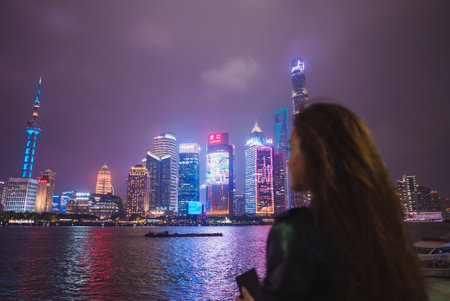 Night View of Shanghai Skyline with Oriental Pearl Tower and Shanghai Towerの写真素材