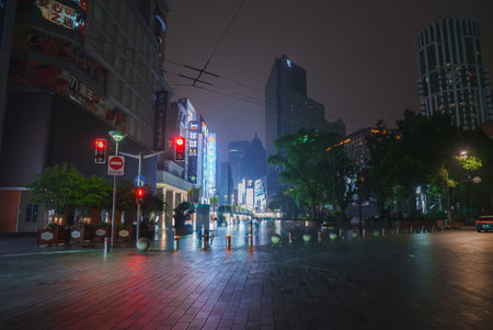 Nighttime Street Scene in Shanghai with Skyscrapers and Neon Lightsの写真素材