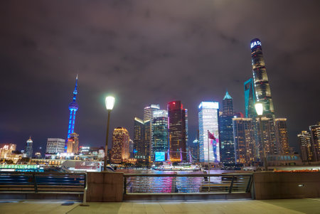 Nighttime View of Shanghai Skyline with Oriental Pearl Towerの写真素材