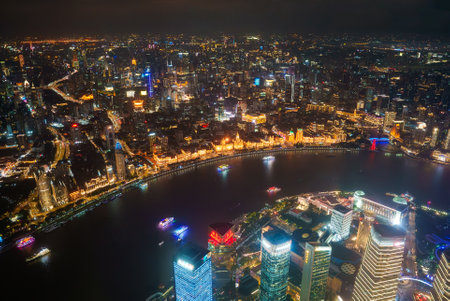 Nighttime View of Shanghais Bund and Skyscrapers Along Huangpu River