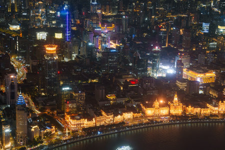 Nighttime View of Shanghais Bund and Skyscrapers Along Huangpu River