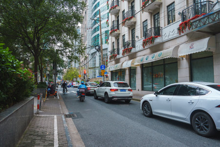 Street Scene in Shanghai with European Style Balconies and Skyscrapersの写真素材