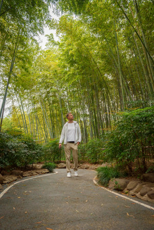 Man Walking on Path Through Dense Bamboo Forest