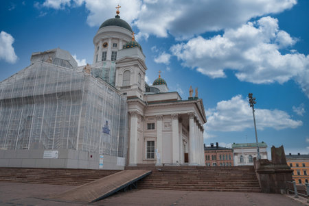Helsinki Cathedral with Scaffolding and Clear Sky in City Centerの写真素材