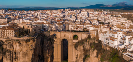 Aerial View of Ronda, Spain with Puente Nuevo at Sunsetの写真素材