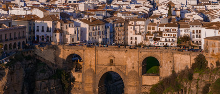 Aerial View of Puente Nuevo Bridge at Sunset in Ronda, Spainの写真素材