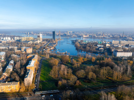 Aerial View of Riga Featuring Vansu Bridge and Daugava Riverの写真素材