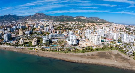 Aerial View of Benalmadenas Coastline and Sierra de Mijas Mountainsの写真素材