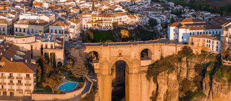 Aerial View of Ronda, Spain Featuring Puente Nuevo at Sunsetの写真素材