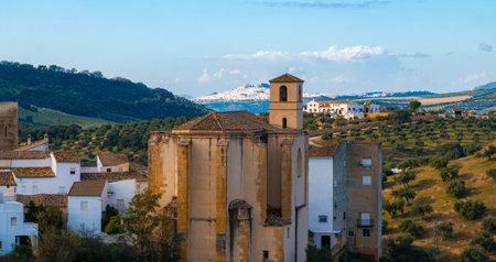 Aerial View of Setenil de las Bodegas with Historic Church Towerの写真素材