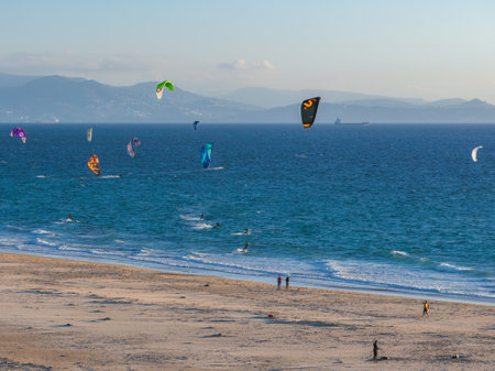 Aerial View of Kite Surfers and Beach in Tarifa, Spain