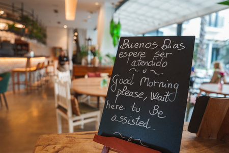 Interior of Marrakech Style Boutique Hotel with Chalkboard Signの写真素材