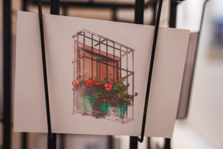 Postcard of Moroccan Window with Wrought Iron Grill and Flowers
