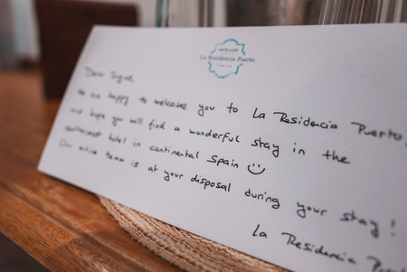 Handwritten Welcome Note at La Residencia Puerto Hotel in Spainの写真素材