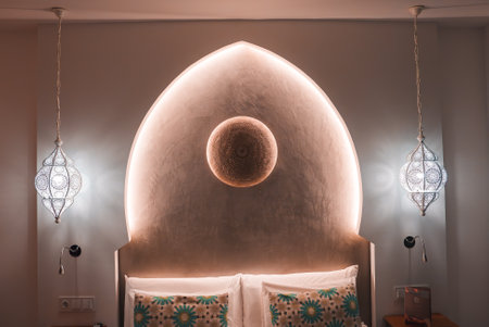 Luxurious Marrakech Style Hotel Room with Arched Headboardの写真素材