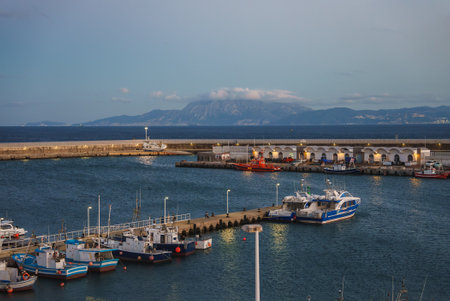Harbor View in Tarifa, Spain with Strait of Gibraltar and Moroccoの写真素材
