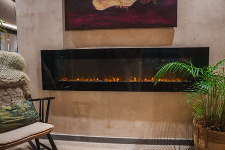 Luxurious Marrakech Style Interior with Modern Electric Fireplaceの写真素材