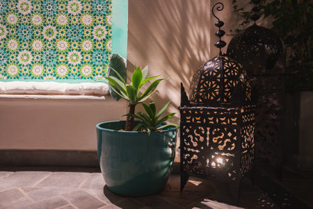 Marrakech Style Hotel Corner with Lantern and Moroccan Tilesの写真素材