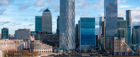 Aerial View of Canary Wharf Skyline with One Canada Square in Londonの写真素材