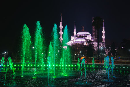 Hagia Sophia Illuminated at Night with Green Lit Fountains, Istanbul