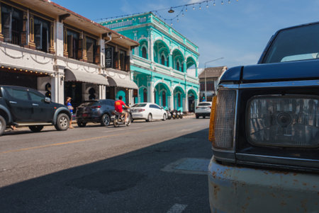 Sino Portuguese Architecture on a Street in Phuket, Thailandの写真素材