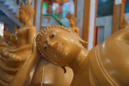 Golden Reclining Buddha Statue in Ornate Thai Temple Settingの写真素材