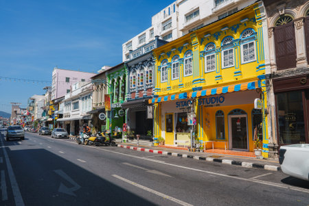 Colorful Sino Portuguese Architecture in Phukets Old Town, Thailandの写真素材