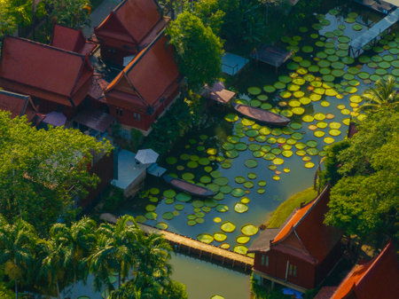 Aerial View of Lotus Pond and Traditional Thai Architecture in Thailandの写真素材